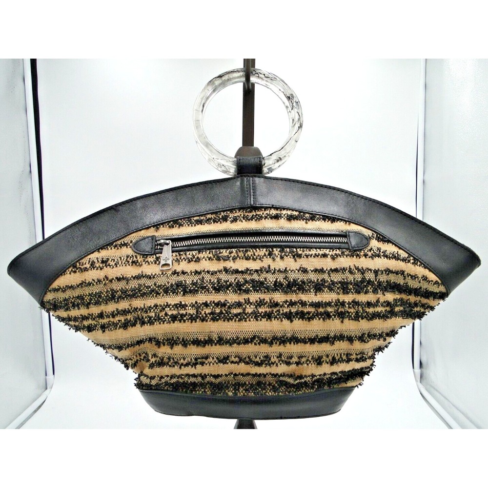 Patricia Nash Mandia Ebbe Woven Straw Leather Trim Large Satchel Lucite Ring Bag - Picture 4 of 8